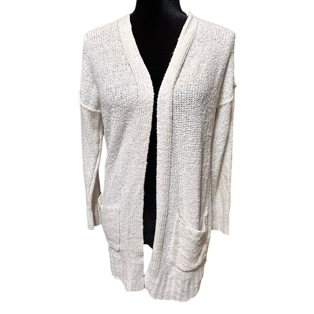 Hippie Rose Womens White Open Front Cozy Cardigan Sweater Longline Pockets S